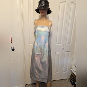 Steve Madden Metallic Dress Large Bone Vegan Leather Midi Bodycon Club Party L .